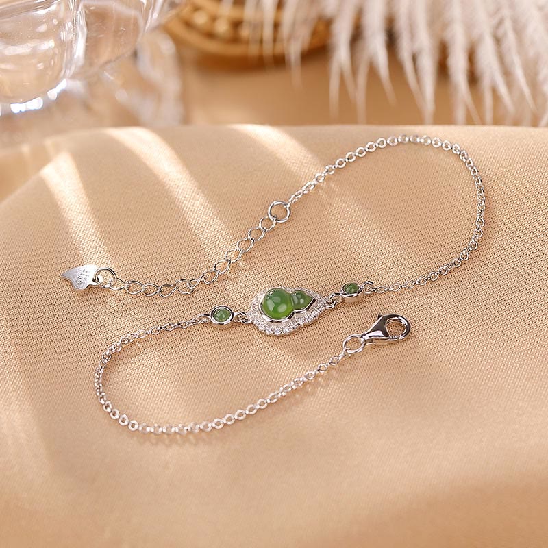 Buddha Stones 925 Sterling Silver Placcato Oro Naturale Hetian Ciano Giada Zucca Bracciale Anello Portafortuna Set