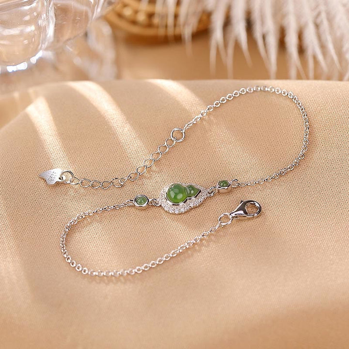 Buddha Stones 925 Sterling Silver Placcato Oro Naturale Hetian Ciano Giada Zucca Bracciale Anello Portafortuna Set