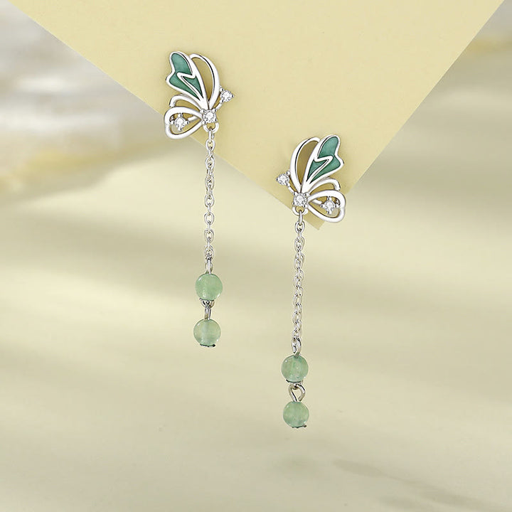 Buddha Stones 925 Sterling Silver Aventurina verde naturale Farfalla Fortuna Collana Ciondolo Orecchini Set
