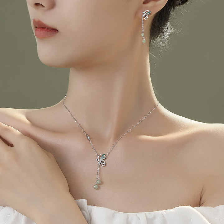 Buddha Stones 925 Sterling Silver Aventurina verde naturale Farfalla Fortuna Collana Ciondolo Orecchini Set