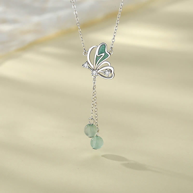 Buddha Stones 925 Sterling Silver Aventurina verde naturale Farfalla Fortuna Collana Ciondolo Orecchini Set