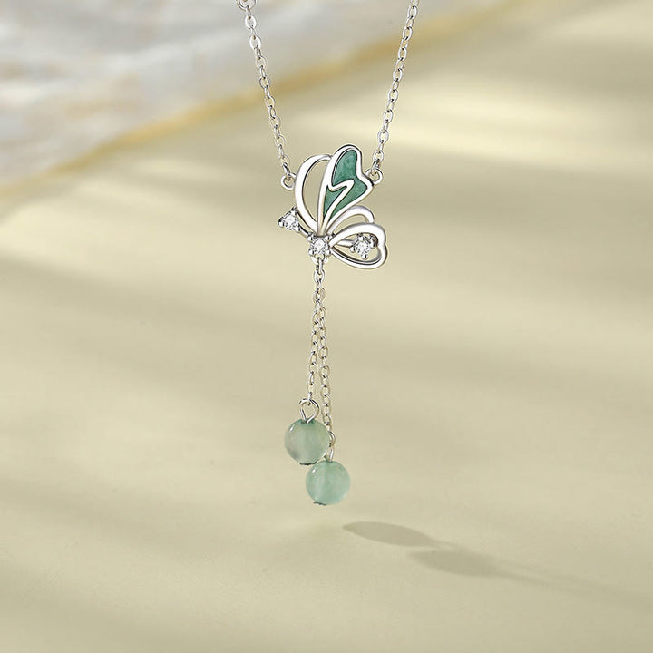 Buddha Stones 925 Sterling Silver Aventurina verde naturale Farfalla Fortuna Collana Ciondolo Orecchini Set