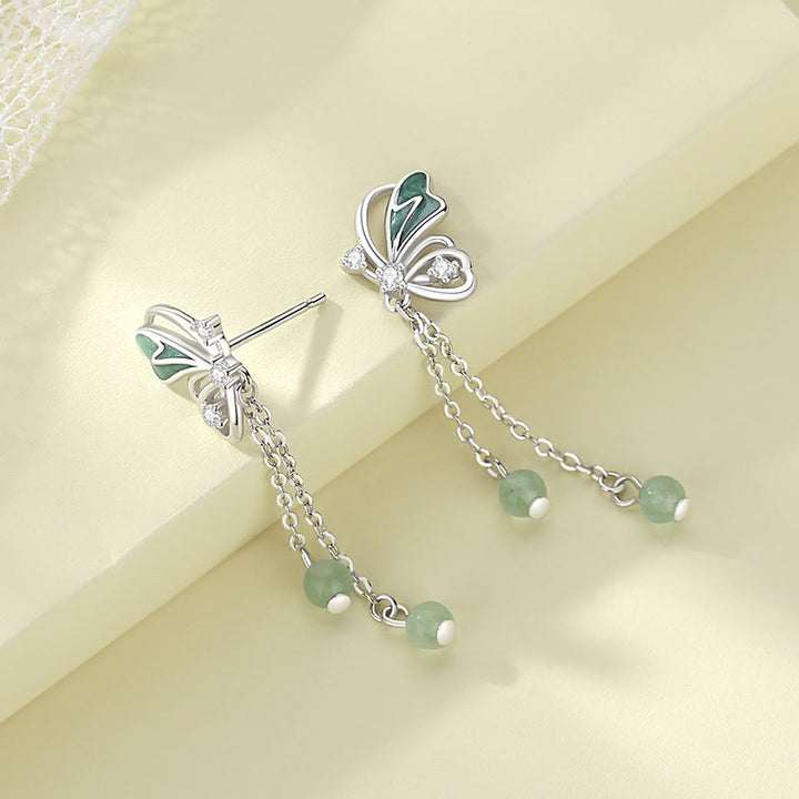 Buddha Stones 925 Sterling Silver Aventurina verde naturale Farfalla Fortuna Collana Ciondolo Orecchini Set