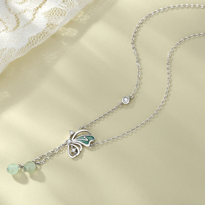 Buddha Stones 925 Sterling Silver Aventurina verde naturale Farfalla Fortuna Collana Ciondolo Orecchini Set
