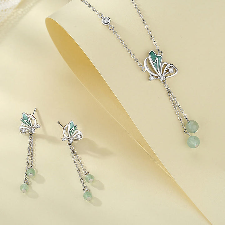 Buddha Stones 925 Sterling Silver Aventurina verde naturale Farfalla Fortuna Collana Ciondolo Orecchini Set