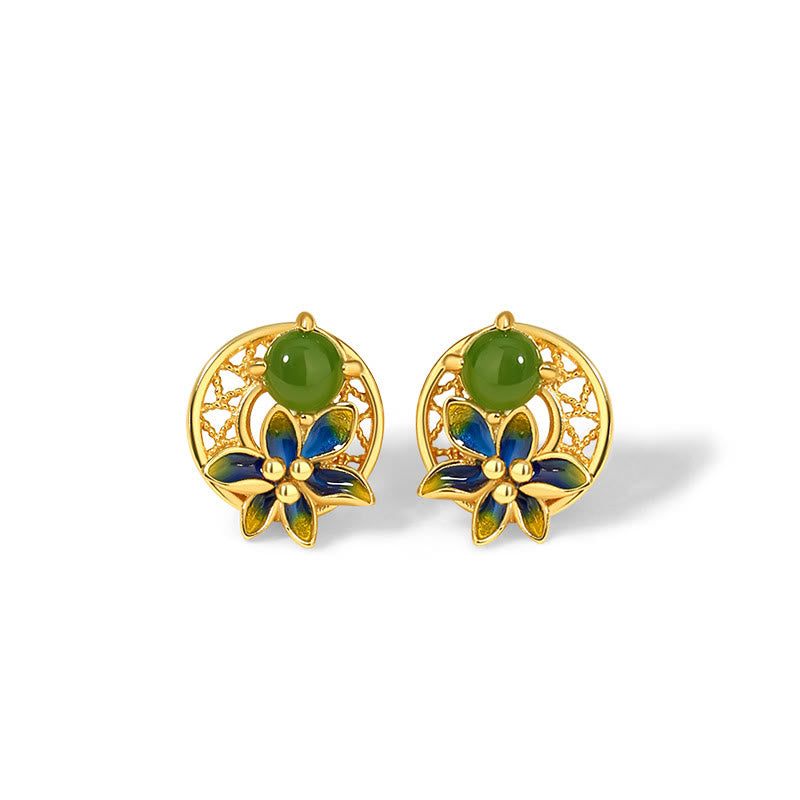 Buddha Stones 925 Sterling Silver Hetian naturale ciano giada fiore fortuna collana ciondolo anello orecchini set