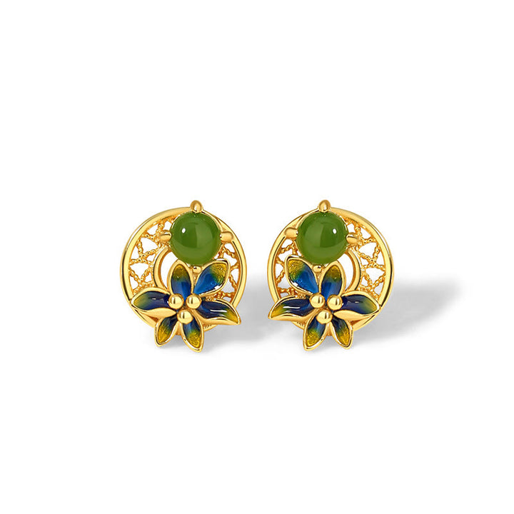 Buddha Stones 925 Sterling Silver Hetian naturale ciano giada fiore fortuna collana ciondolo anello orecchini set