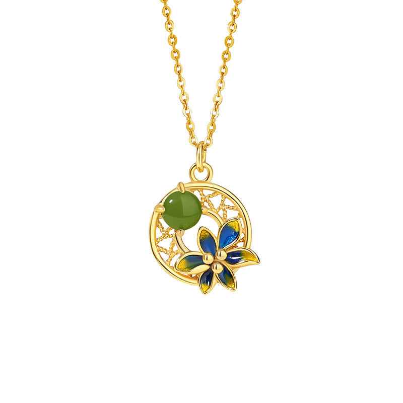 Buddha Stones 925 Sterling Silver Hetian naturale ciano giada fiore fortuna collana ciondolo anello orecchini set