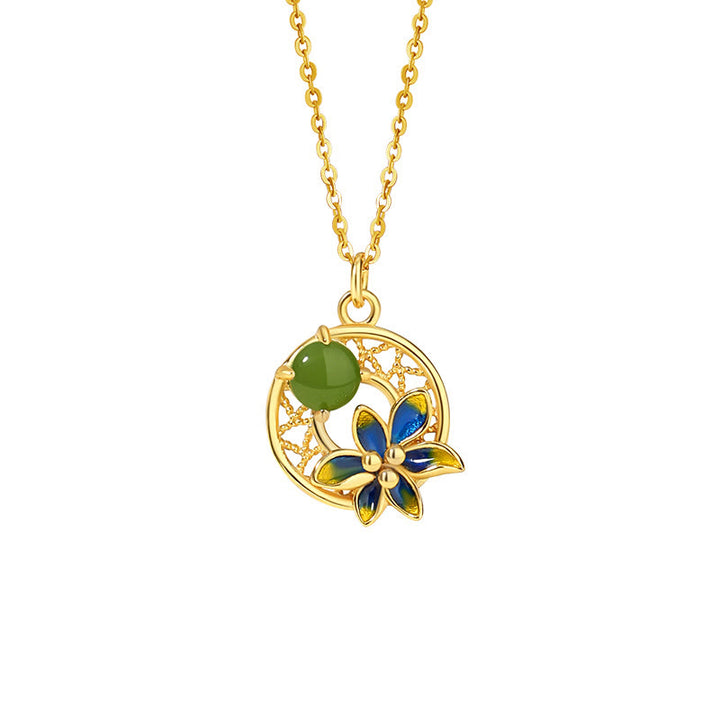 Buddha Stones 925 Sterling Silver Hetian naturale ciano giada fiore fortuna collana ciondolo anello orecchini set