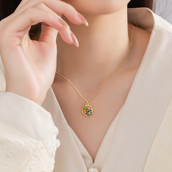 Buddha Stones 925 Sterling Silver Hetian naturale ciano giada fiore fortuna collana ciondolo anello orecchini set