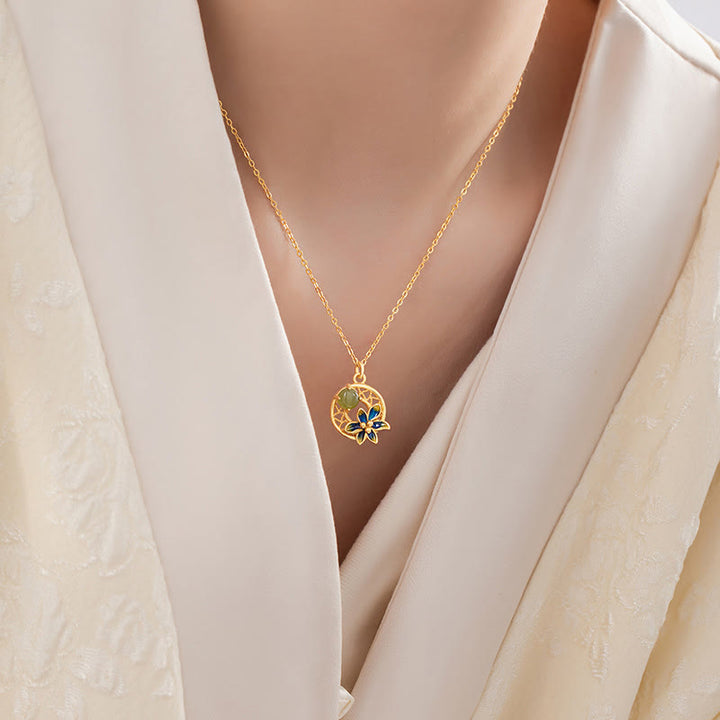 Buddha Stones 925 Sterling Silver Hetian naturale ciano giada fiore fortuna collana ciondolo anello orecchini set