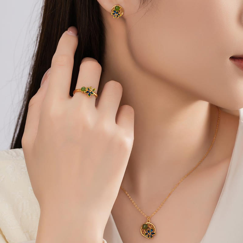Buddha Stones 925 Sterling Silver Hetian naturale ciano giada fiore fortuna collana ciondolo anello orecchini set