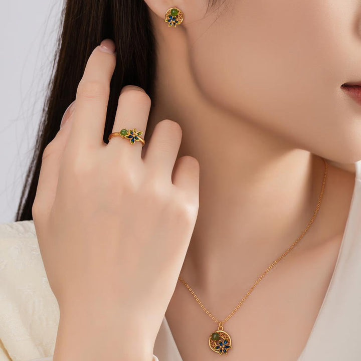Buddha Stones 925 Sterling Silver Hetian naturale ciano giada fiore fortuna collana ciondolo anello orecchini set