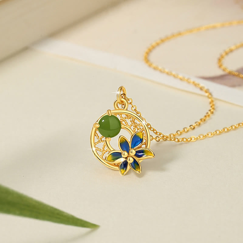 Buddha Stones 925 Sterling Silver Hetian naturale ciano giada fiore fortuna collana ciondolo anello orecchini set