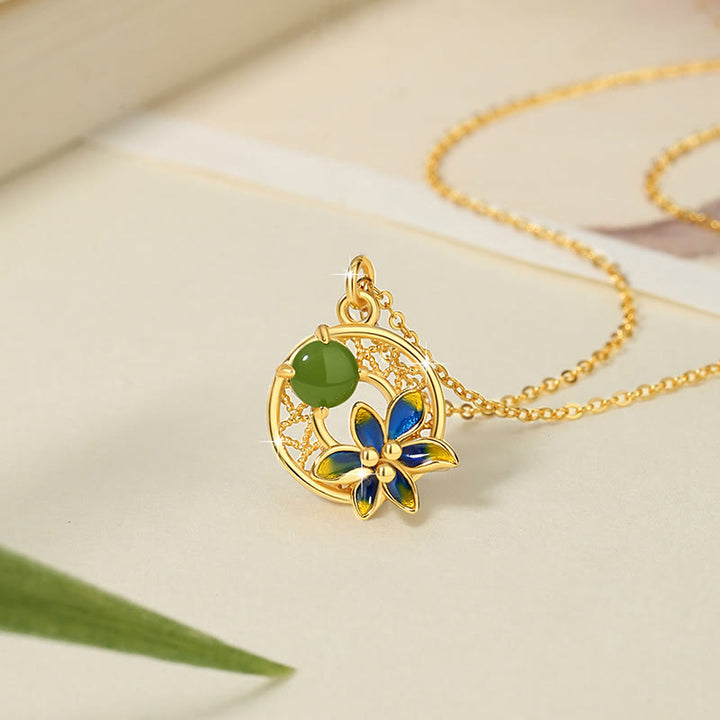 Buddha Stones 925 Sterling Silver Hetian naturale ciano giada fiore fortuna collana ciondolo anello orecchini set