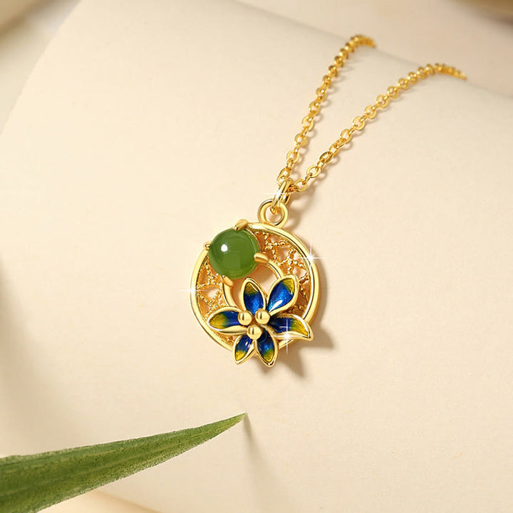 Buddha Stones 925 Sterling Silver Hetian naturale ciano giada fiore fortuna collana ciondolo anello orecchini set