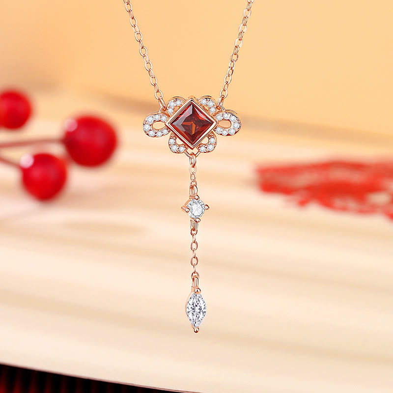 Set di orecchini con ciondolo bracciale collana ricchezza zircone rosso nodo cinese argento sterling 925 Buddha Stones