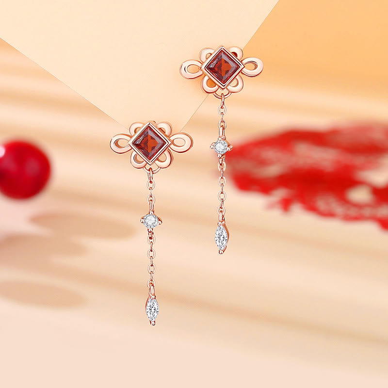 Set di orecchini con ciondolo bracciale collana ricchezza zircone rosso nodo cinese argento sterling 925 Buddha Stones