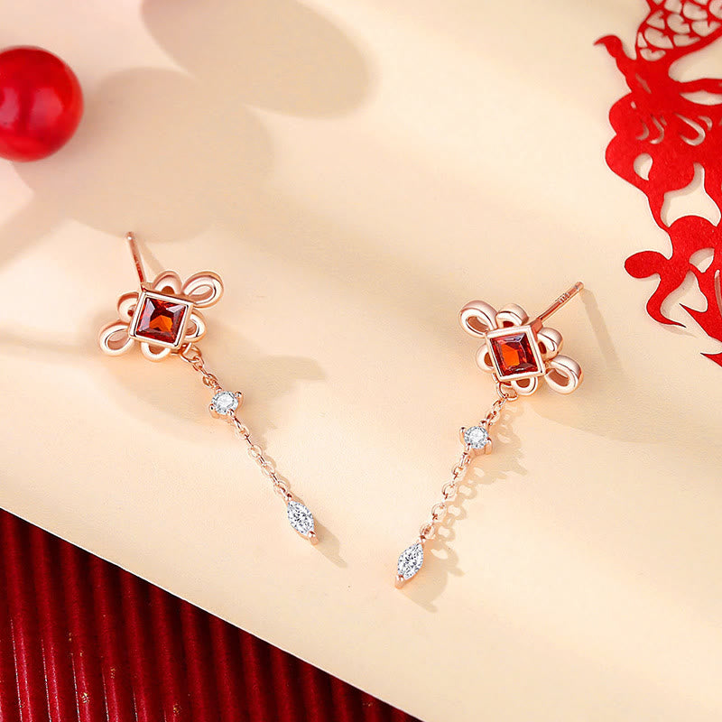 Set di orecchini con ciondolo bracciale collana ricchezza zircone rosso nodo cinese argento sterling 925 Buddha Stones