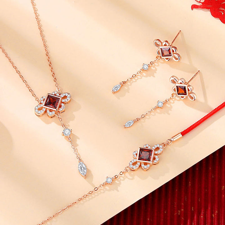 Set di orecchini con ciondolo bracciale collana ricchezza zircone rosso nodo cinese argento sterling 925 Buddha Stones