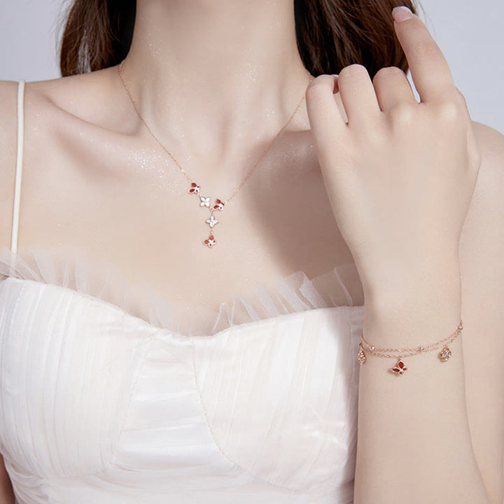 Buddha Stones 925 Sterling Silver Agata Rossa Tridacna Pietra Farfalla Quadrifoglio Calma Bracciale Collana Ciondolo Set