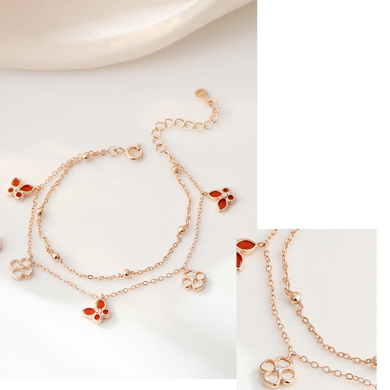 Buddha Stones 925 Sterling Silver Agata Rossa Tridacna Pietra Farfalla Quadrifoglio Calma Bracciale Collana Ciondolo Set