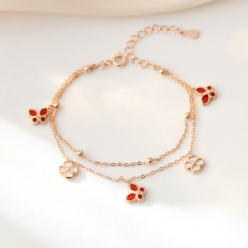 Buddha Stones 925 Sterling Silver Agata Rossa Tridacna Pietra Farfalla Quadrifoglio Calma Bracciale Collana Ciondolo Set