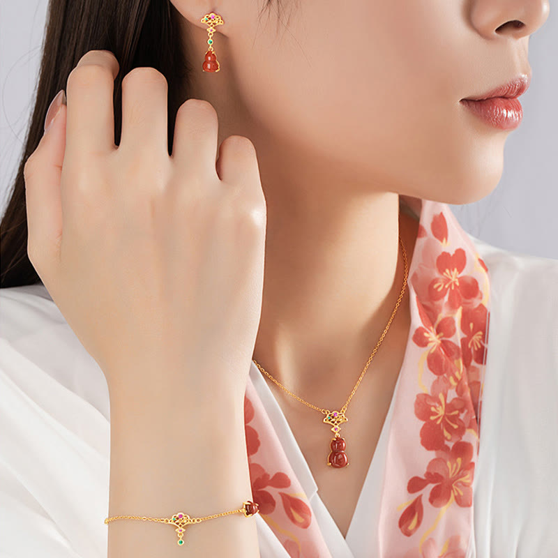 Buddha Stones Argento Sterling 925 Agata Rossa Zucca Nuvole di Buon Auspicio Fiducia Bracciale Collana Ciondolo Orecchini Set