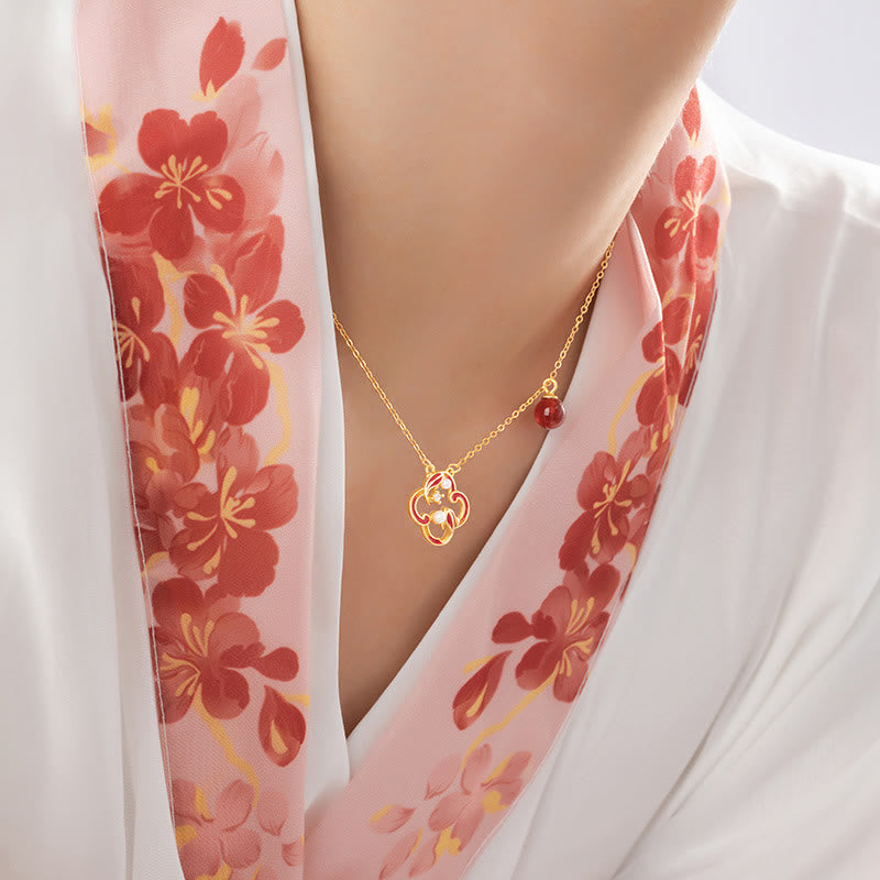 Buddha Stones 925 Sterling Silver Quadrifoglio Koi Pesce Agata Rossa Perla Ricchezza Bracciale Collana Ciondolo Orecchini Set
