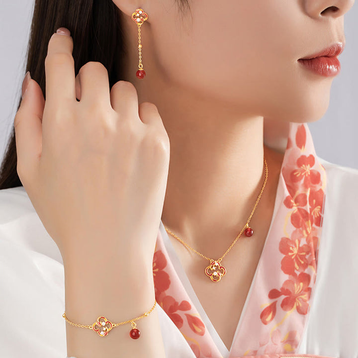 Buddha Stones 925 Sterling Silver Quadrifoglio Koi Pesce Agata Rossa Perla Ricchezza Bracciale Collana Ciondolo Orecchini Set