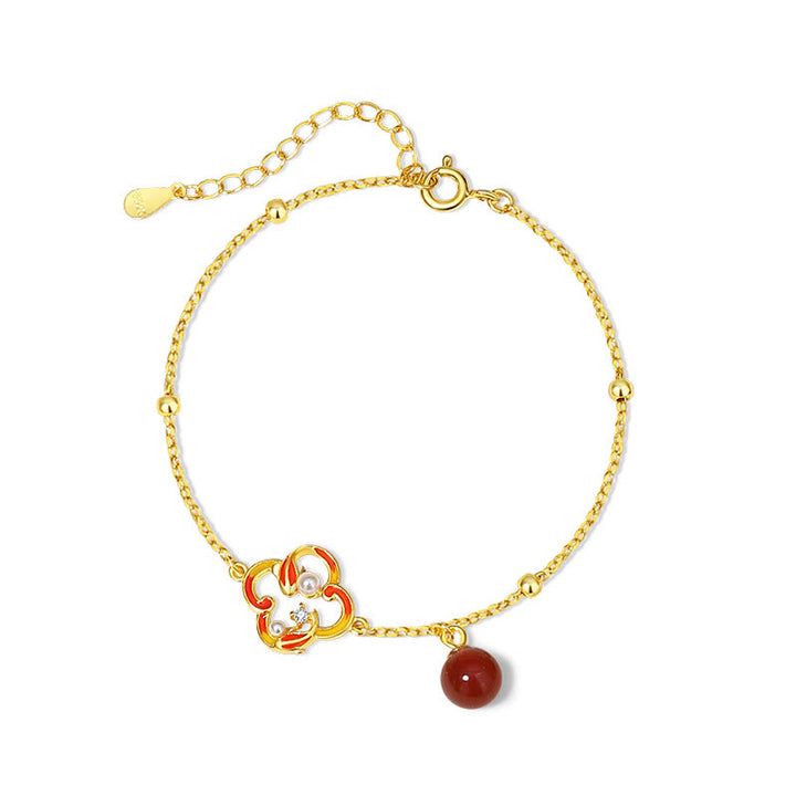 Buddha Stones 925 Sterling Silver Quadrifoglio Koi Pesce Agata Rossa Perla Ricchezza Bracciale Collana Ciondolo Orecchini Set