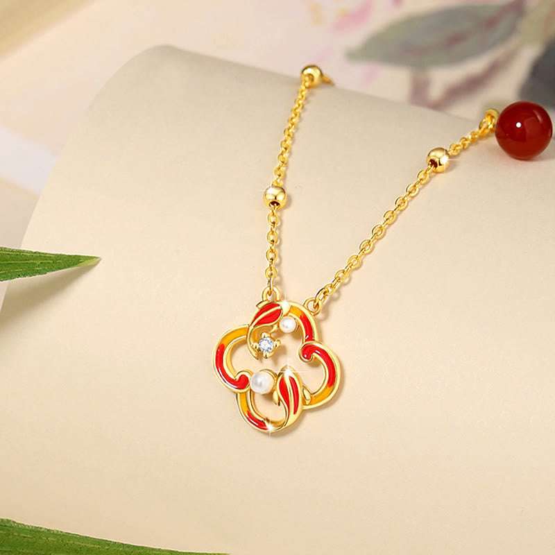 Buddha Stones 925 Sterling Silver Quadrifoglio Koi Pesce Agata Rossa Perla Ricchezza Bracciale Collana Ciondolo Orecchini Set