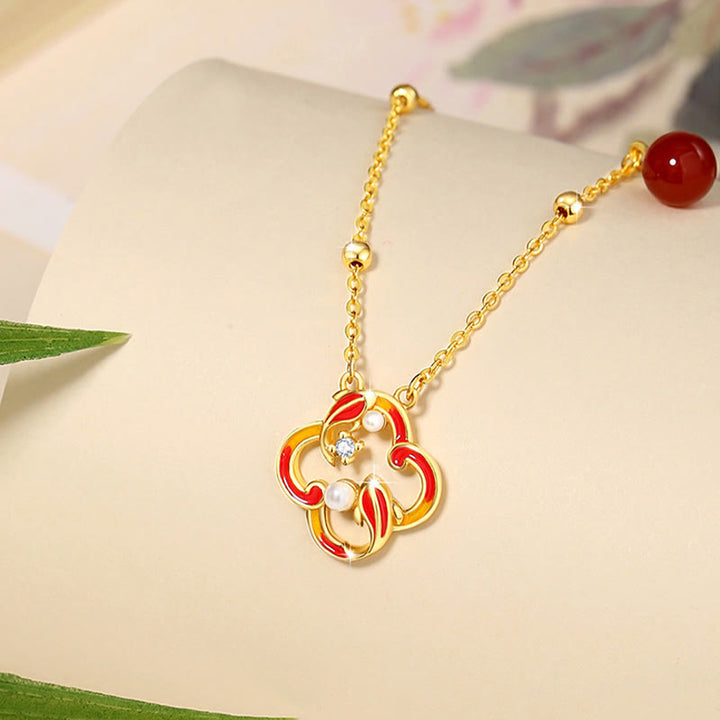 Buddha Stones 925 Sterling Silver Quadrifoglio Koi Pesce Agata Rossa Perla Ricchezza Bracciale Collana Ciondolo Orecchini Set