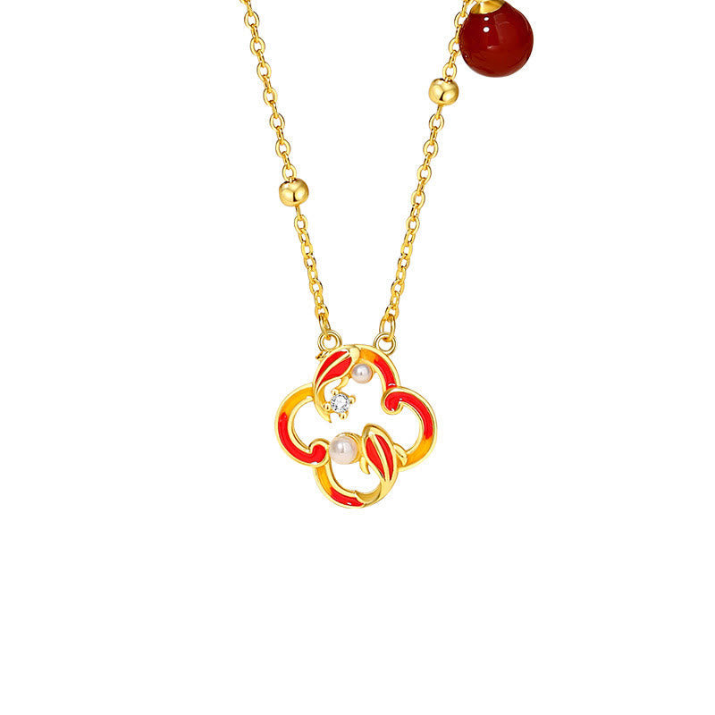 Buddha Stones 925 Sterling Silver Quadrifoglio Koi Pesce Agata Rossa Perla Ricchezza Bracciale Collana Ciondolo Orecchini Set