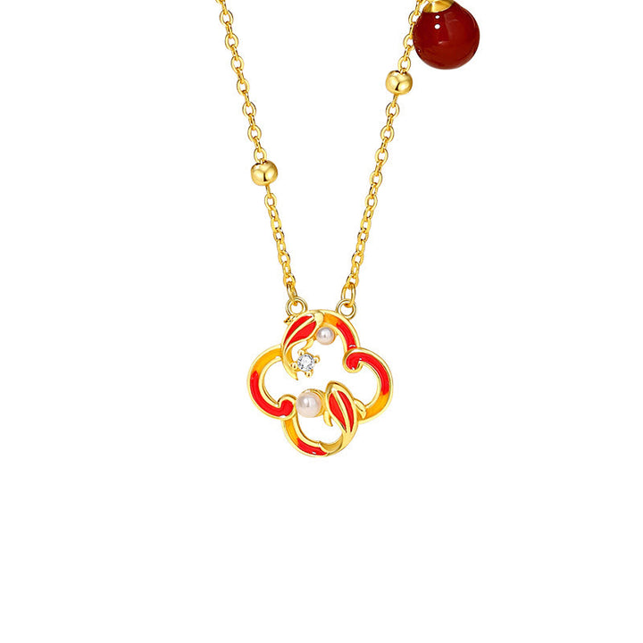 Buddha Stones 925 Sterling Silver Quadrifoglio Koi Pesce Agata Rossa Perla Ricchezza Bracciale Collana Ciondolo Orecchini Set