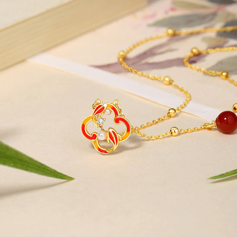 Buddha Stones 925 Sterling Silver Quadrifoglio Koi Pesce Agata Rossa Perla Ricchezza Bracciale Collana Ciondolo Orecchini Set