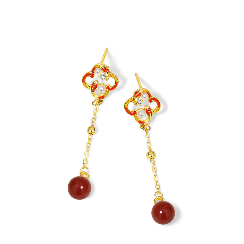 Buddha Stones 925 Sterling Silver Quadrifoglio Koi Pesce Agata Rossa Perla Ricchezza Bracciale Collana Ciondolo Orecchini Set