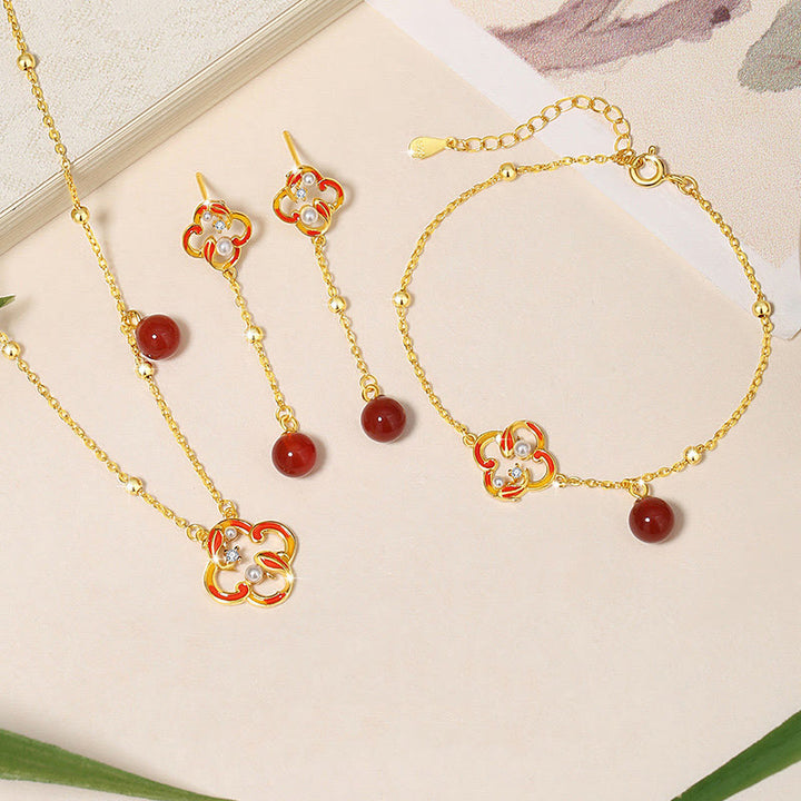 Buddha Stones 925 Sterling Silver Quadrifoglio Koi Pesce Agata Rossa Perla Ricchezza Bracciale Collana Ciondolo Orecchini Set