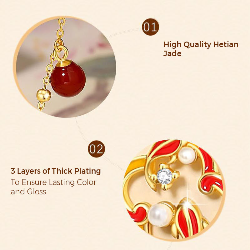 Buddha Stones 925 Sterling Silver Quadrifoglio Koi Pesce Agata Rossa Perla Ricchezza Bracciale Collana Ciondolo Orecchini Set
