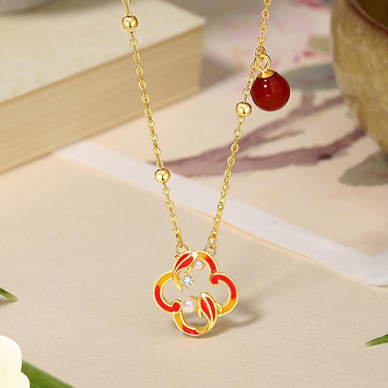 Buddha Stones 925 Sterling Silver Quadrifoglio Koi Pesce Agata Rossa Perla Ricchezza Bracciale Collana Ciondolo Orecchini Set