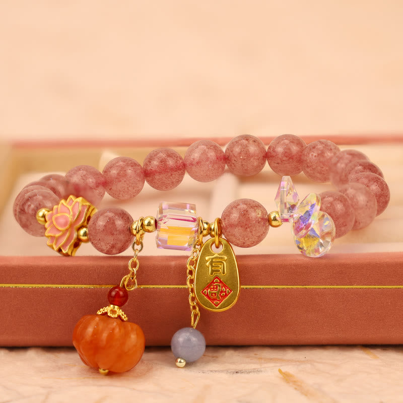 Braccialetto positivo con ciondolo a forma di zucca con carattere Fu in quarzo fragola naturale Buddha Stones