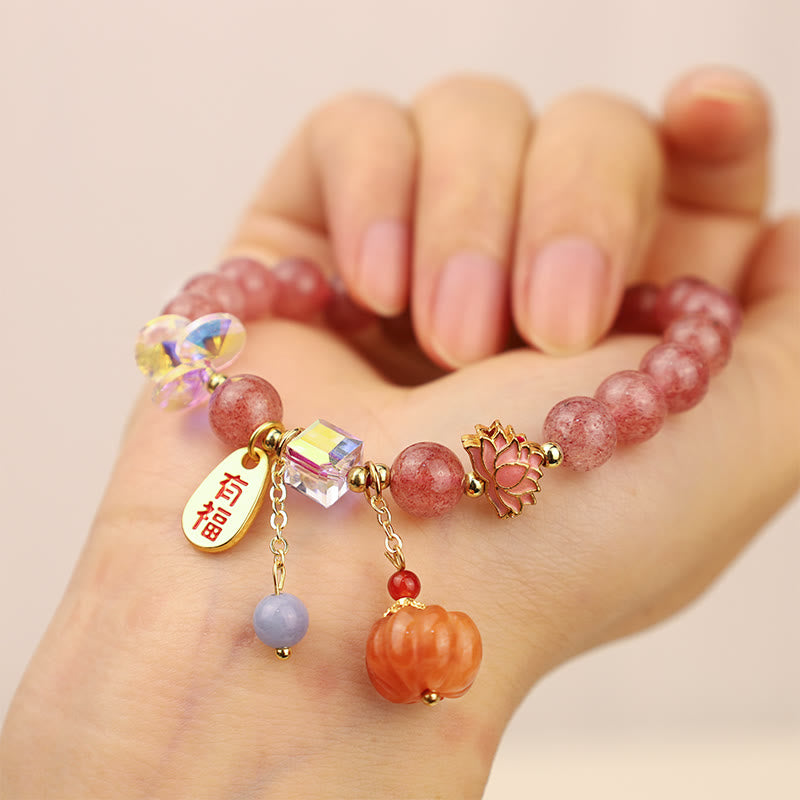 Braccialetto positivo con ciondolo a forma di zucca con carattere Fu in quarzo fragola naturale Buddha Stones