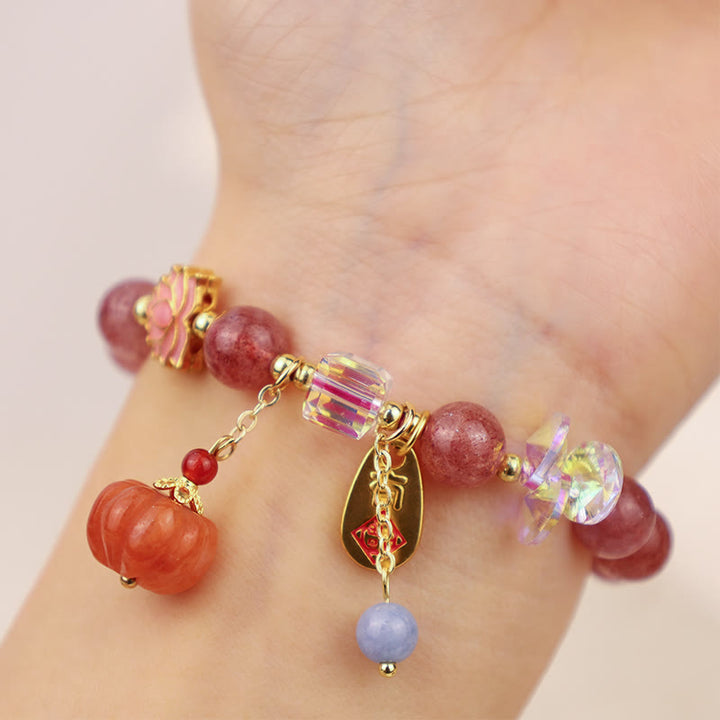 Braccialetto positivo con ciondolo a forma di zucca con carattere Fu in quarzo fragola naturale Buddha Stones