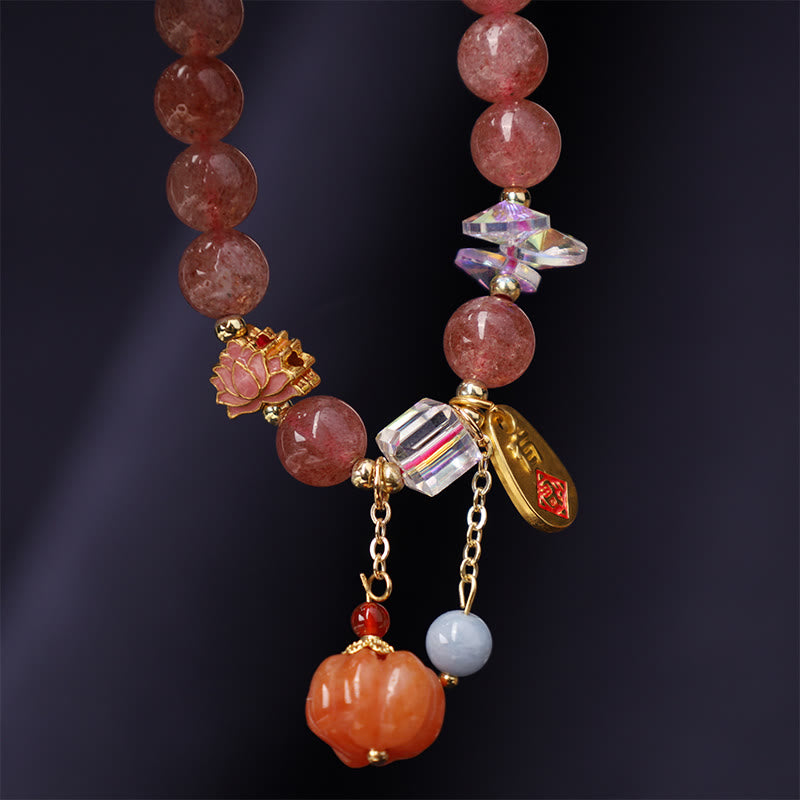 Braccialetto positivo con ciondolo a forma di zucca con carattere Fu in quarzo fragola naturale Buddha Stones