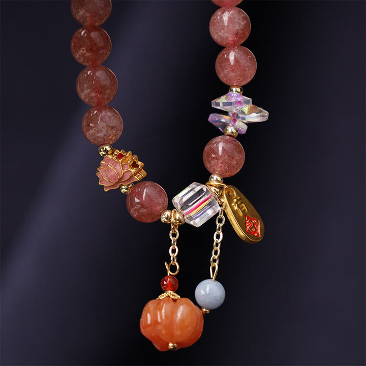 Braccialetto positivo con ciondolo a forma di zucca con carattere Fu in quarzo fragola naturale Buddha Stones