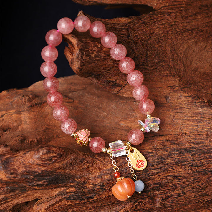 Braccialetto positivo con ciondolo a forma di zucca con carattere Fu in quarzo fragola naturale Buddha Stones