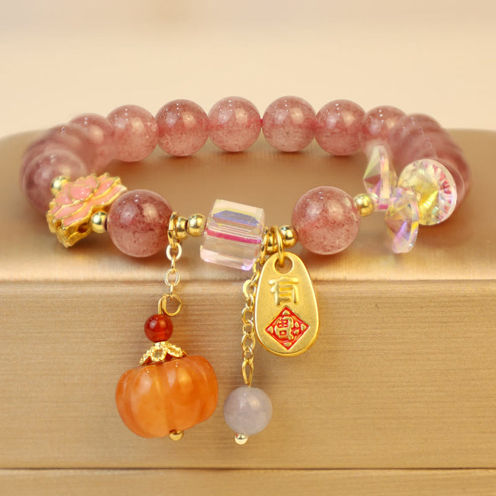 Braccialetto positivo con ciondolo a forma di zucca con carattere Fu in quarzo fragola naturale Buddha Stones