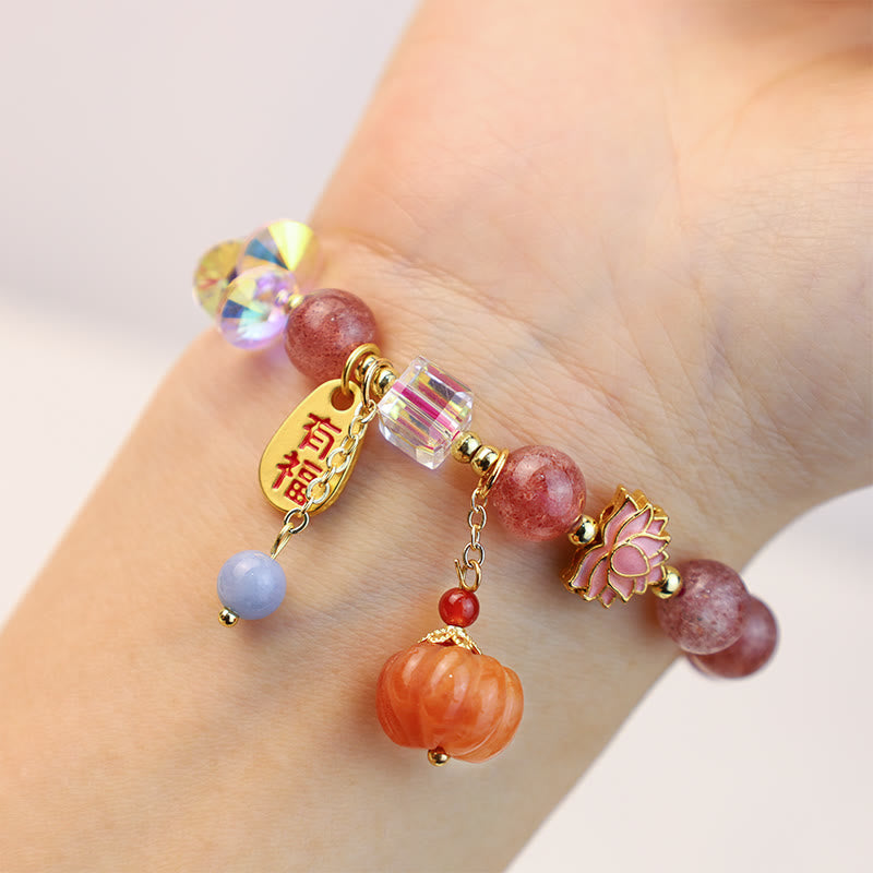 Braccialetto positivo con ciondolo a forma di zucca con carattere Fu in quarzo fragola naturale Buddha Stones