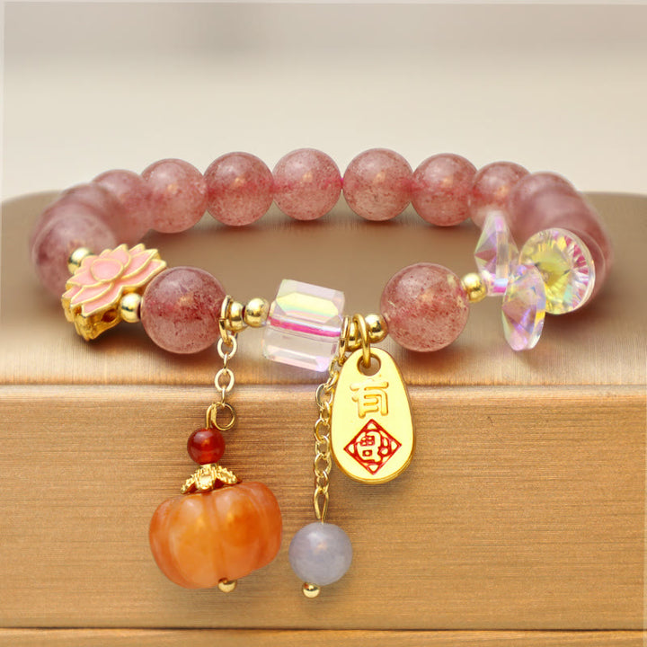 Braccialetto positivo con ciondolo a forma di zucca con carattere Fu in quarzo fragola naturale Buddha Stones