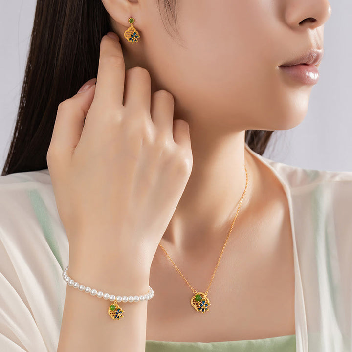 Buddha Stones 925 Sterling Silver Quadrifoglio Fiore Hetian Ciano Giada Perla Collana Ciondolo Bracciale Orecchini Set
